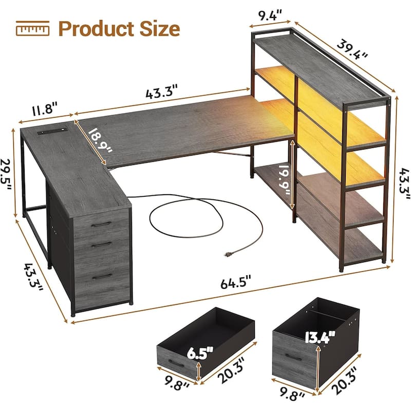 L Shaped Desk Gaming Desk 3 Fabric Drawers 5 Storage Shelves