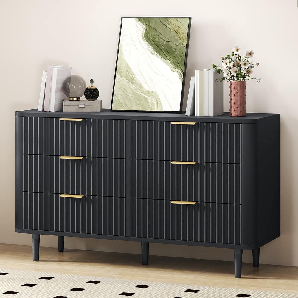 6 Drawer Wood Dresser with Wave Fluted Panel Storage Organizer for Bedroom