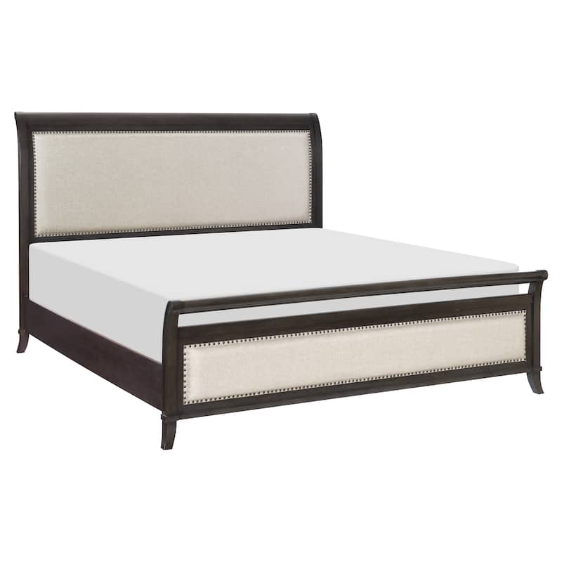 Bron Queen Bed with Sleigh Headboard Design, Beige Upholstery, Solid Wood