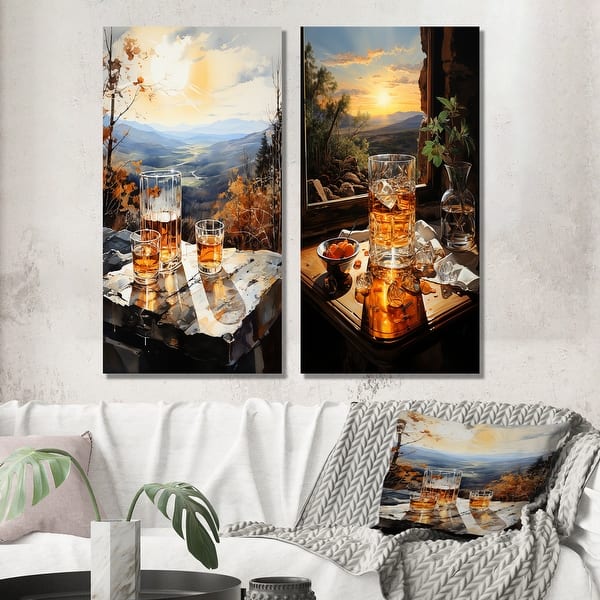 slide 2 of 6, Designart - Whiskey Glass Reverie - Liquor Metal Wall Art Set Of 2 - Traditional Brown Metal Art 2 Pieces