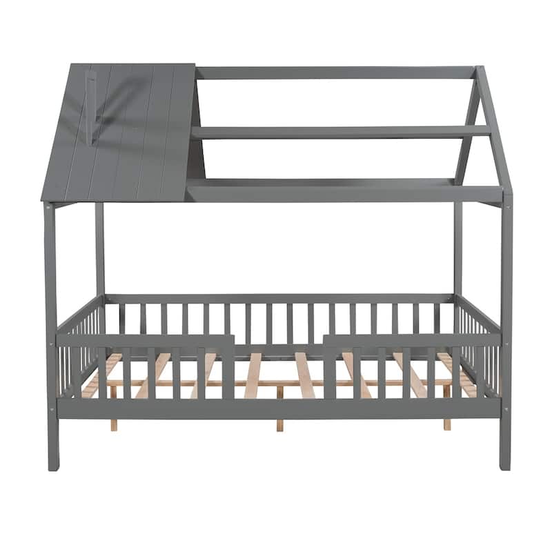 Merax Twin/Full Size Wood House Bed with Fence