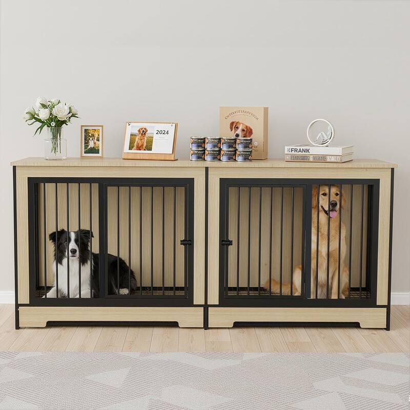 Dog Crate Furniture with Two Combined Room, XL Large Double Dog Cage Furniture with Tray for Medium Large Dogs - Black+Natural