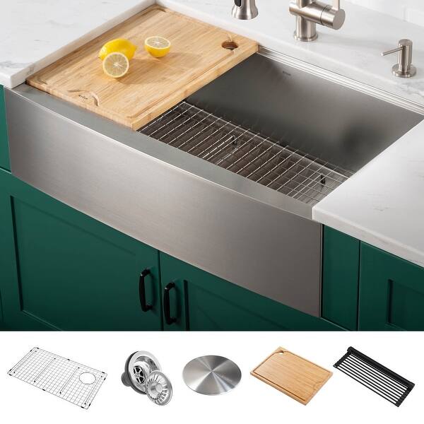 slide 60 of 102, KRAUS Kore Workstation Farmhouse Apron Stainless Steel Kitchen Sink 32 7/8" L x 20 1/4" W (KWF210-33) - Stainless Steel