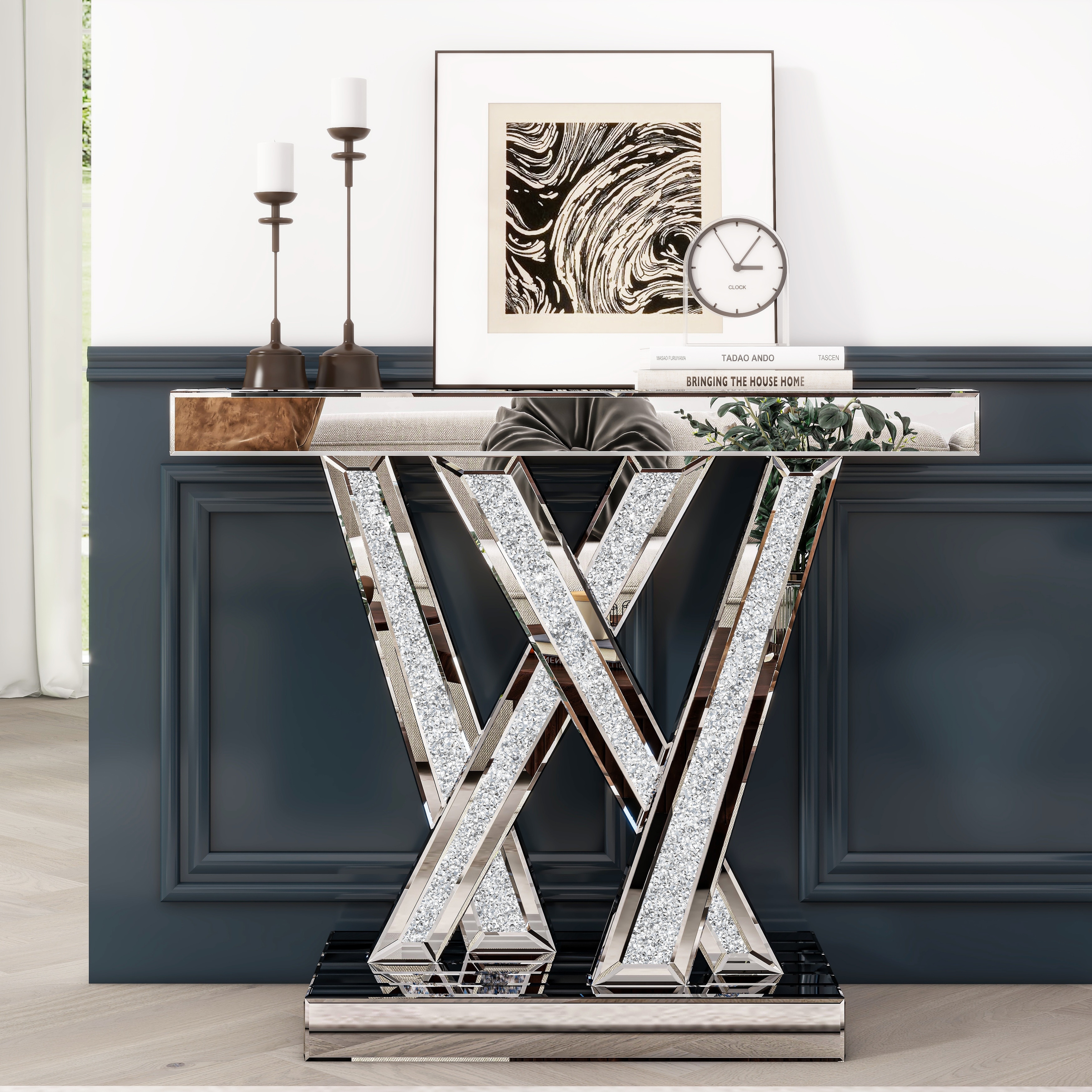 Glass Mirrored Console Table with Diamond Inlay