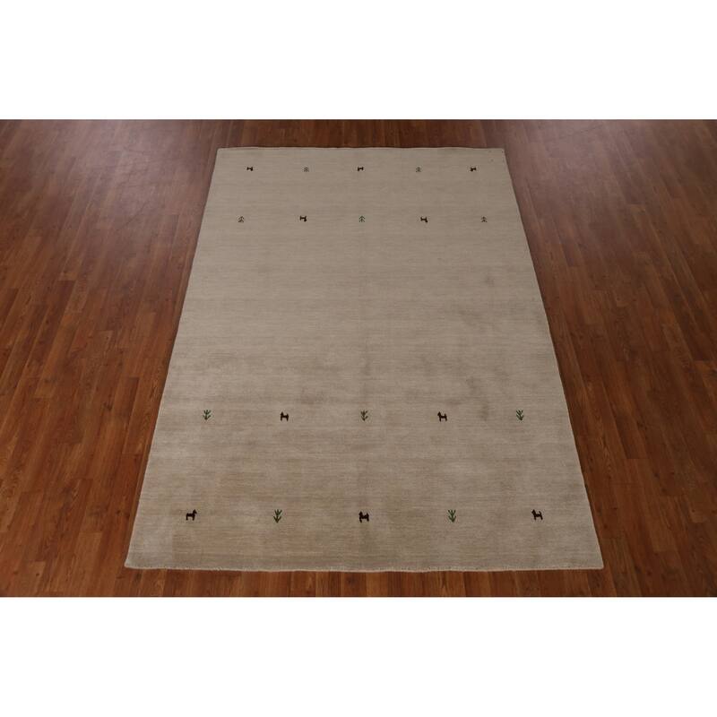 Hand Knotted Oriental 100% Wool Carpet Tribal Animal Pictorial Beige & Ivories Gabbeh Area Rug - 7' 7'' X 5' 4''