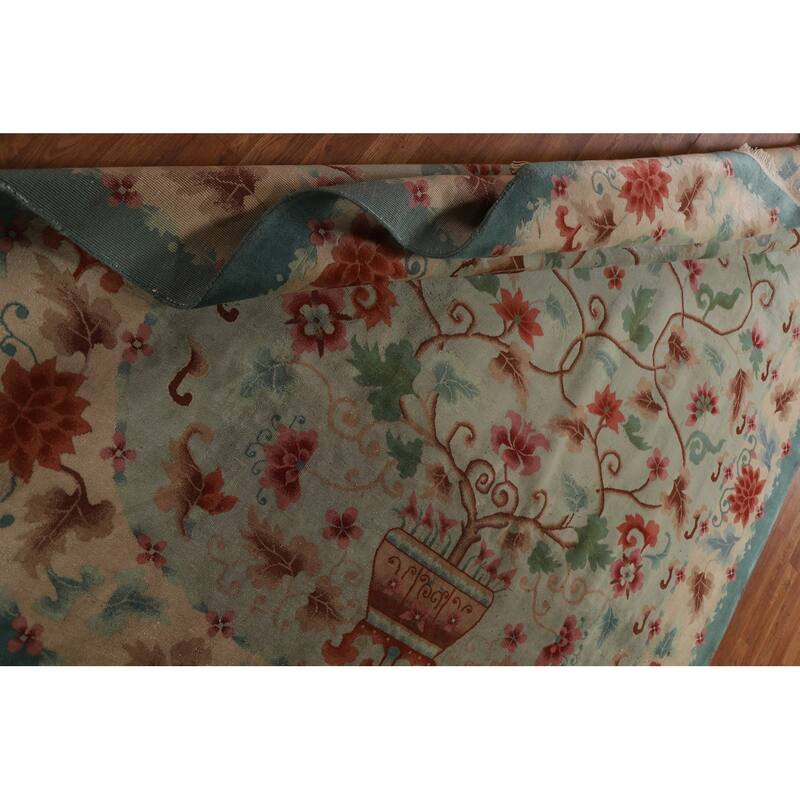 Hand Knotted Oriental 100% Wool Carpet Traditional Floral Green Art Deco Area Rug - 9' 8'' X 7' 11''