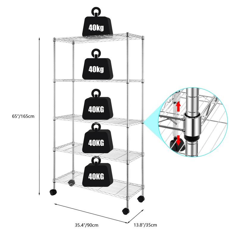 5-Tier Chrome Storage Cart with Smooth Wheels and Mesh Shelves for Home Office and Shop Storage