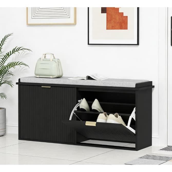 Entryway Storage Bench with Cushioned Seat and 2 Flip Up Shoe Cabinets
