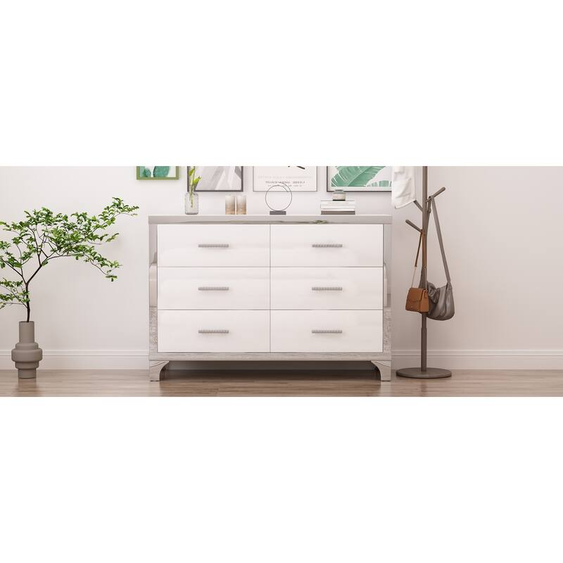 Elegant High Gloss Dresser with Metal Handle,Mirrored Storage Cabinet with 6 Drawers for Bedroom