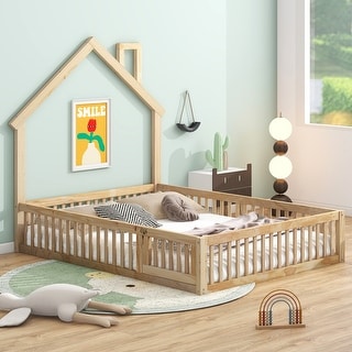 House-shaped Design Bed Full Size House Bed Rustic Country Floor Bed Wood Frame with Chimney, Fence Guardrail and Door