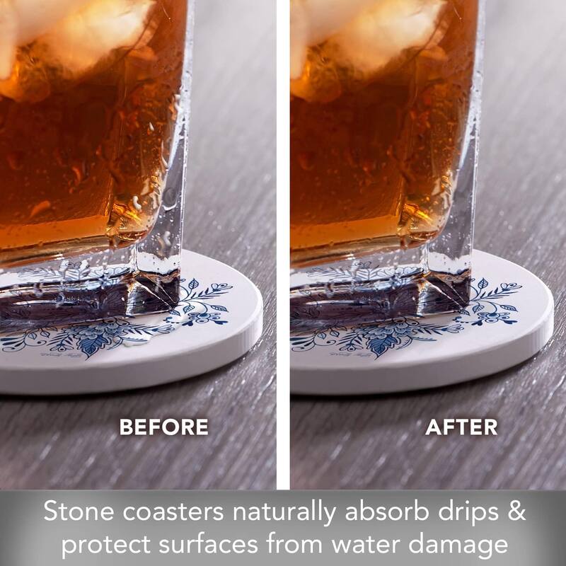 Blue & White Floral Round Absorbent Stone Coaster 4 Pack with Protective Cork Backing. Manufactured in The USA