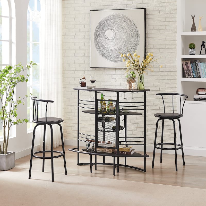 VECELO, 3-Piece Bar Table Set, Rustic Dining Room Pub Tables with Storage Shelf, 2 Back Barstools, Counter Height,