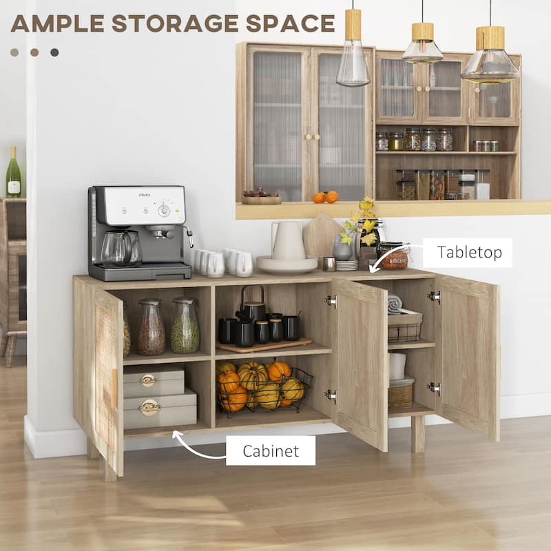 Boho Design Buffet Cabinet with 3 Rattan Doors and Adjustable Shelves for Living Room