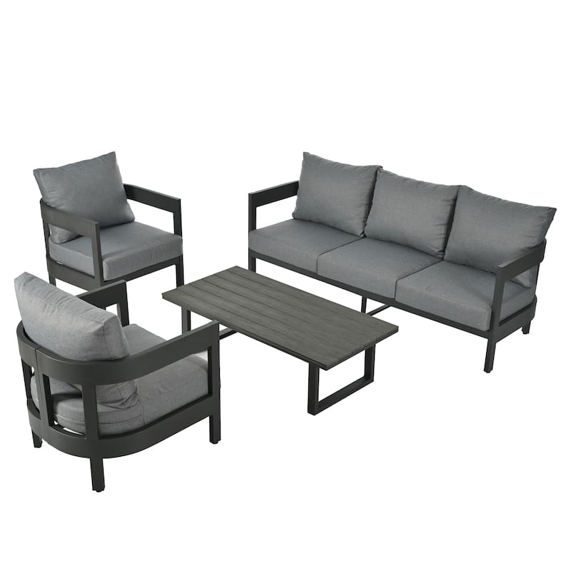 4-Piece Outdoor 5-Seater Iron Cnversation Sofa Set with Coffee Table and Thick Cushions