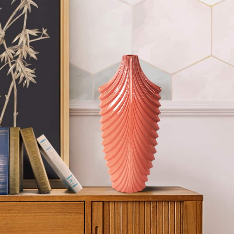 Allan Andrews Glossy Light Coral Textured Ceramic Vase - 18"H x 8"W