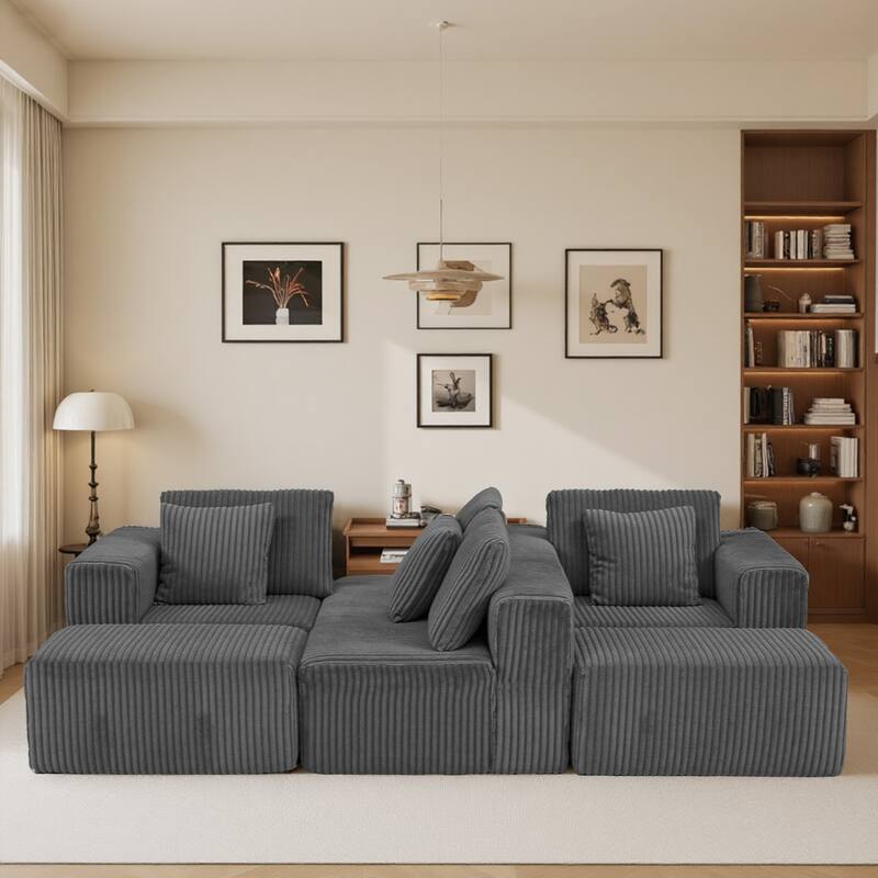 132-inch 4-Seater with Reversible Chaise Lounge Gray Striped Corduroy Fabric