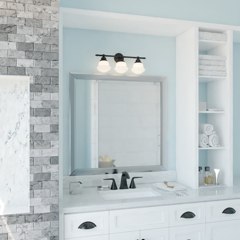Huntley 3-Light 24 in. W Oil Rubbed Bronze Bathroom Vanity Lighting Fixture, White Schoolhouse Milk Glass Globe Shade, Dimmable