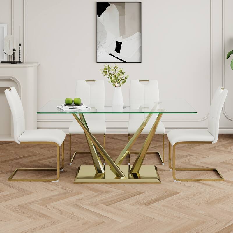 5-Piece Rectangular Dining Table Set for 4 Modern 63" Tempered Glass Kitchen Table with 4 Chairs, Luxury Dining Room Table Set