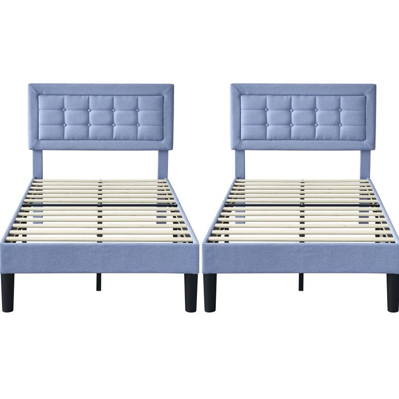 VECELO Tufted Upholstered Kids Bed with Adjustable Headboard,Twin Size Bed Set of 2 - Light Blue