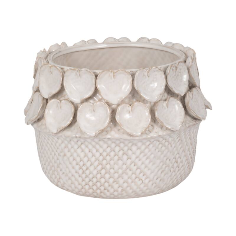 Stoneware Planter with Sculpted Leaf Accents and Textured Detailing - 10" x 10" x 8" - Ivory