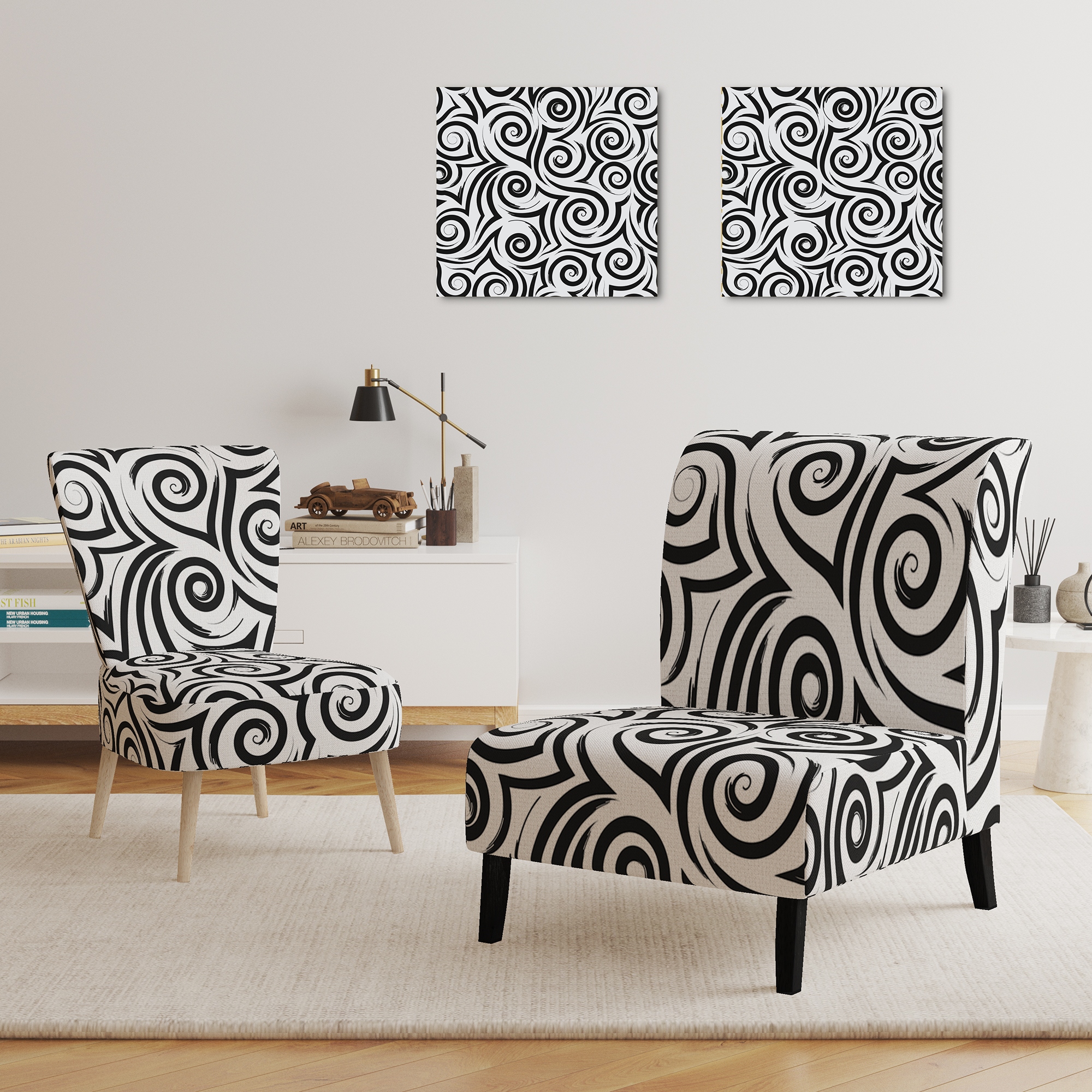 Black and 2024 white patterned armchair