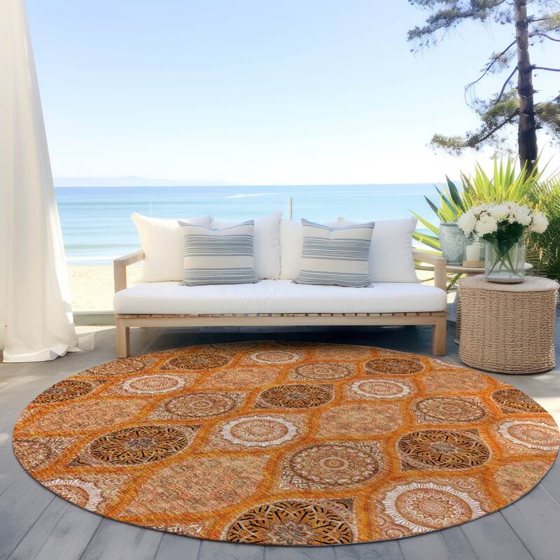 Machine Washable Indoor/ Outdoor Boho Mosaic Chantille Rug - Orange - 8' x 8'