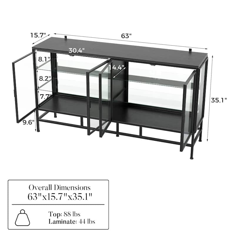 63" Industrial Glass Display Cabinet with LED Lights, 4-Door Metal & Wood Curio Sideboard for Living Room
