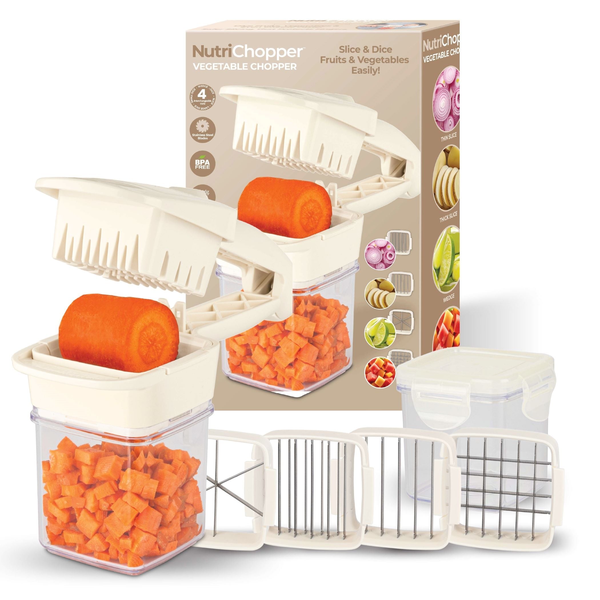 NutriChopper 7-Piece Handheld Vegetable and Fruit Chopper with 4 Blades and Container