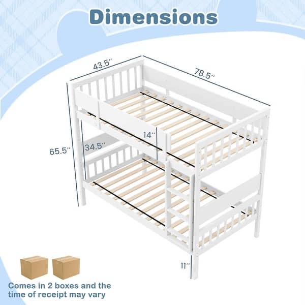 dimension image slide 1 of 2, Costway Twin Over Twin Bunk Bed Solid Wood Bed Frame with Ladder