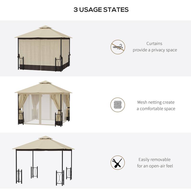 Outsunny 13' x 11' Patio Gazebo Canopy Garden Tent Sun Shade, Outdoor Shelter with 2 Tier Roof, Netting and Curtains