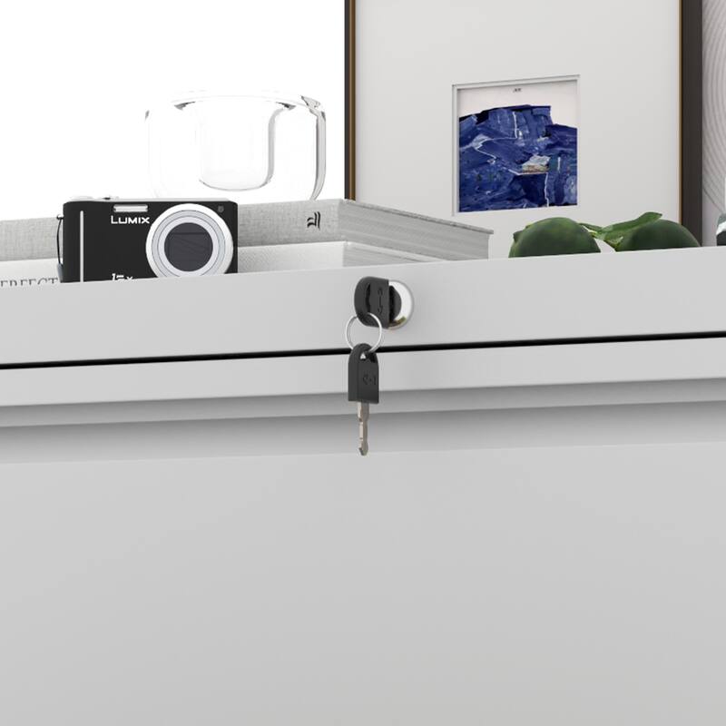 Modern Side-Pull File Cabinet, Wide Horizontal Filing Cabinet with Lock, 2 Drawers, Silent Slides, for Home Office, White