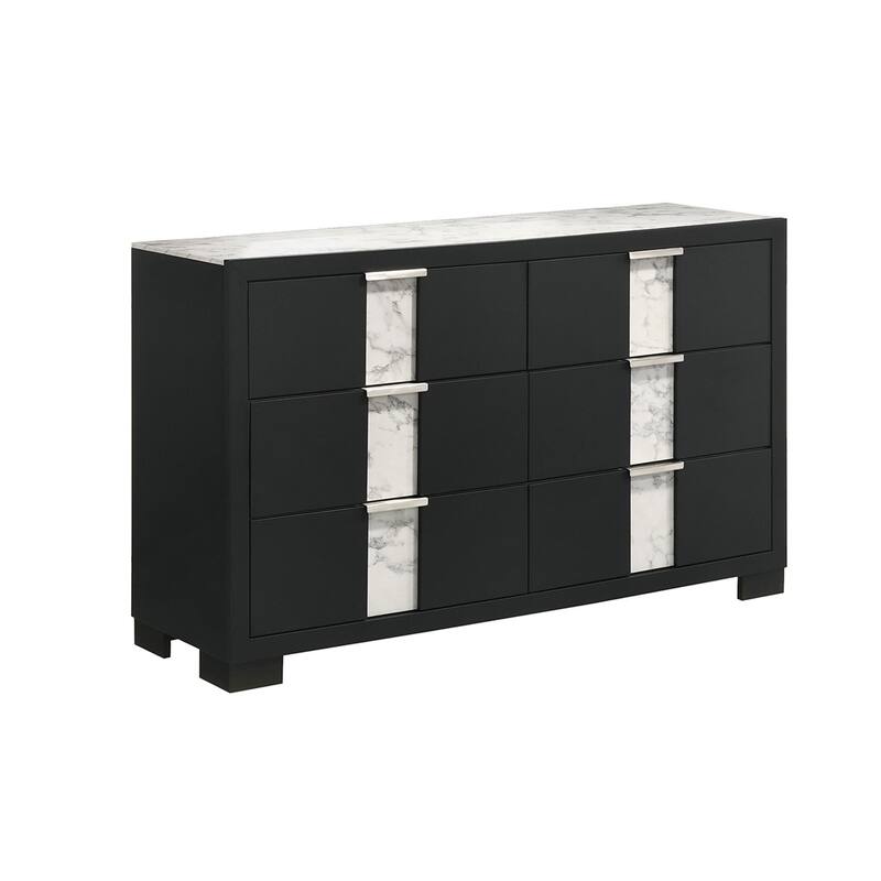 Amey Wide 6 Drawer Dresser, White Marble Trim, Black Wood