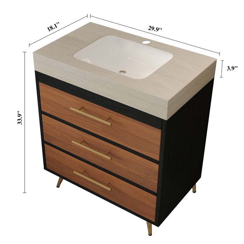 29.9" Modern Free-Standing Vanity with Ceramic Vessel Sink & Durable Sintered Stone Top