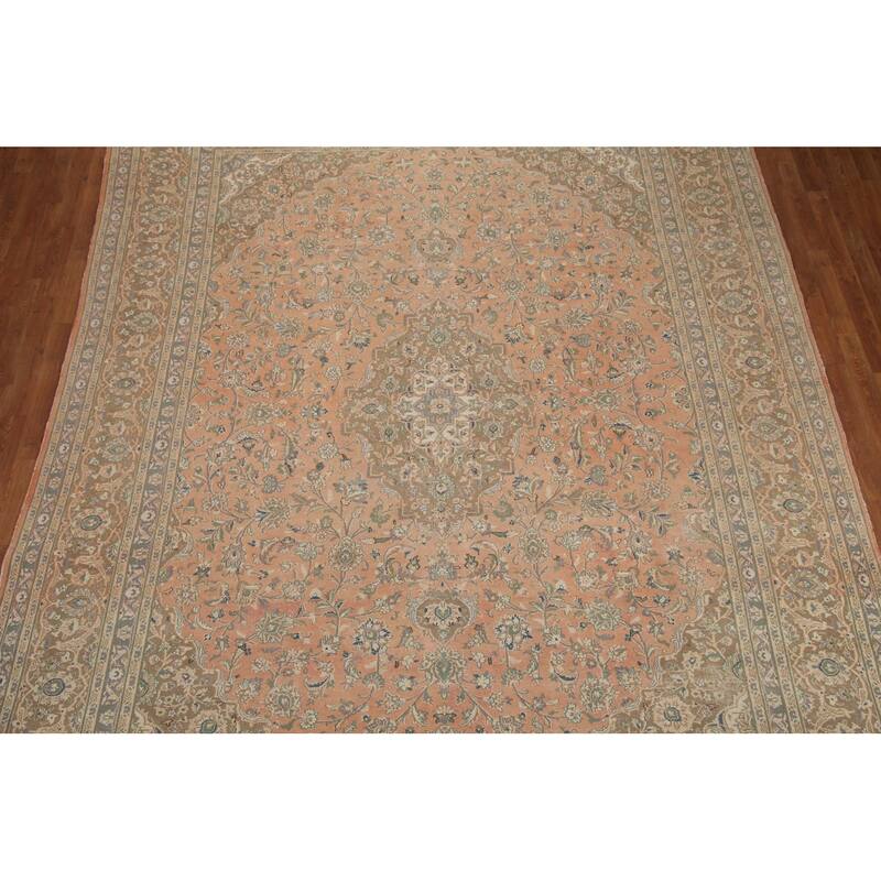 Hand Knotted Oriental 100% Wool Carpet Traditional Floral Coral Mashad Area Rug - 12' 6'' X 9' 7''