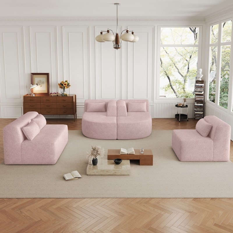 144" Upholstered Sofa Free-combined Sofa with Two Chaise Lounge and Five Back Pillows