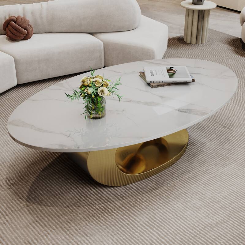 GDFStudio - Contemporary 49.2" Oval Sintered Stone Coffee Table with Sculptural Stainless Steel Base & Anti-tip Adjustable Feet