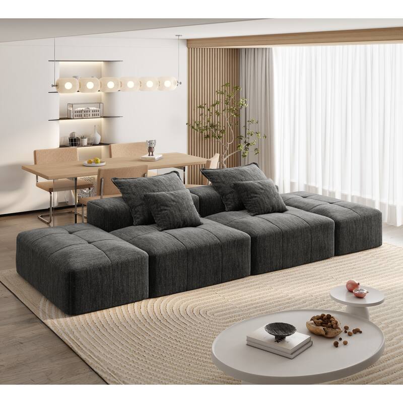 Floor Sofa Sectional Couch with 2 Ottoman, Modern Oversized Chenille Modular Sofa with 4 Pillows for Apartment - Black