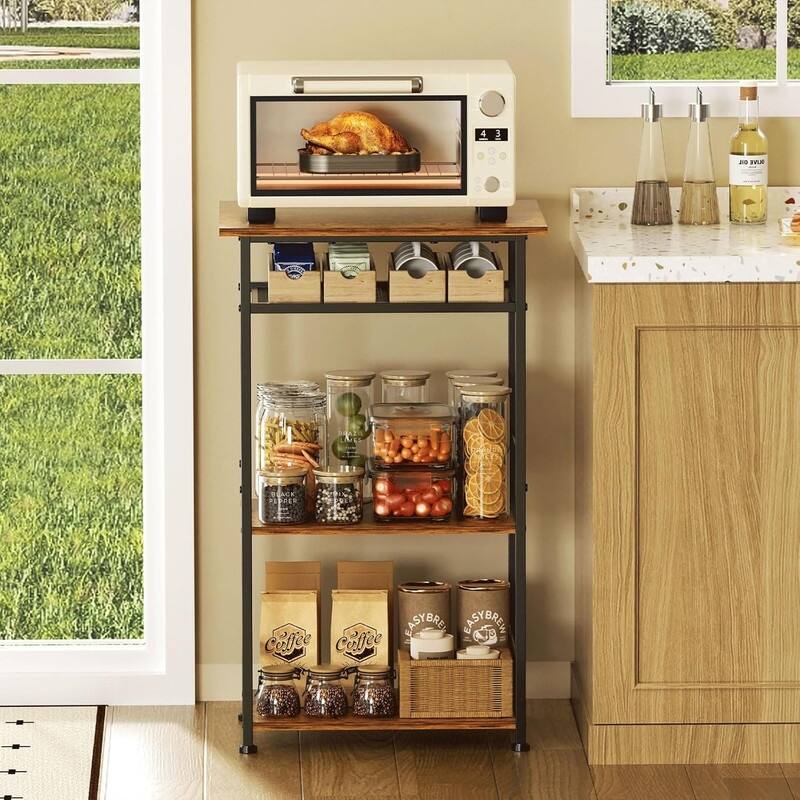 Kitchen Bakers Rack with Storage, Microwave Carts with Adjustable Feet, 3-Tier Coffee Cart Station,Kitchen Microwave Stand - Brown,15.35in x 18.9in x 31.18in