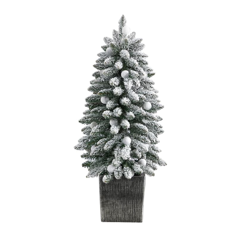 3ft. Flocked Fir Artificial Christmas Tree with 127 Branches & 20 LED Globe Lights in Planter - Cute Holiday X-Mas Accent
