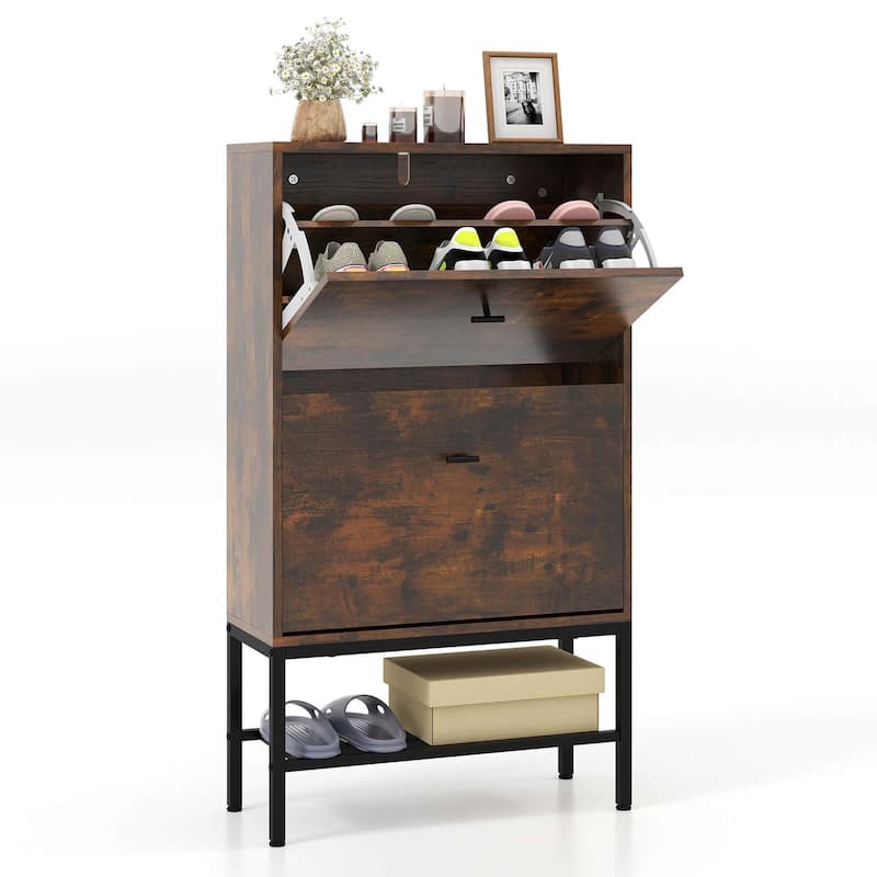 Costway Industrial Shoe Storage Cabinet with 2 Flip Drawers 1 Bottom - See Details - Rustic Brown - See Details