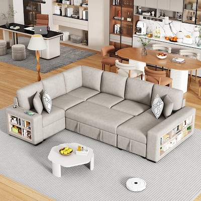 109" U-Shape Sleeper Sectional with Storage Chaise, Dual USB & Pillows