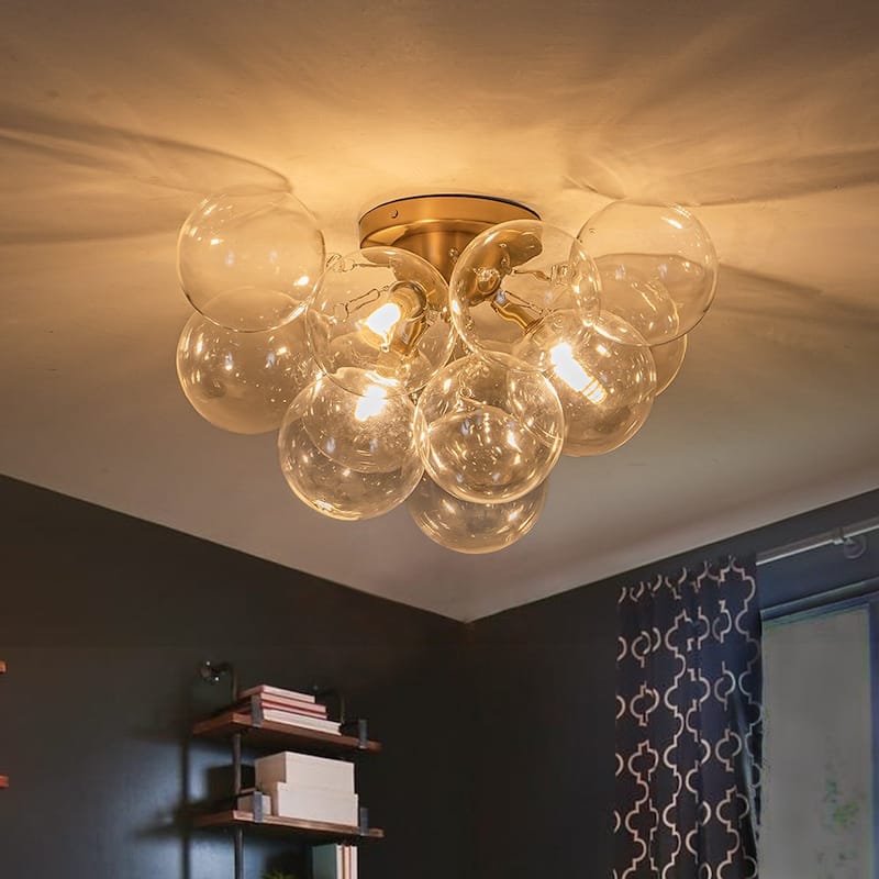 3-Light Clear Glass Globe Bubble Semi Flush Chandelier - Brass 18in