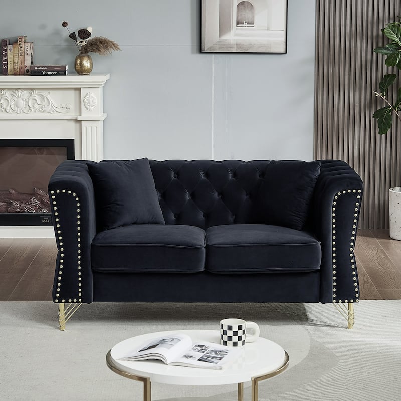60.2" Chesterfield Velvet Sofa, 2-Seater Tufted Couch with Nailhead Trim and Metal Legs, Ideal for Living Room - Black