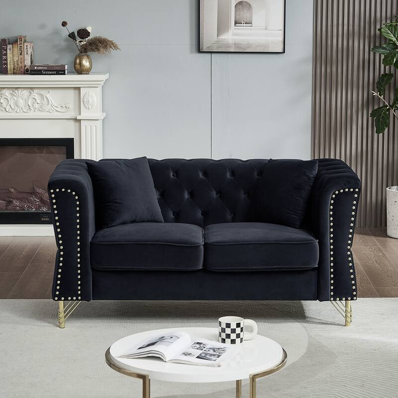 81.8" Velvet 3-seater Sofa with Tufted Couch and Metal Foot for Living Room - Black
