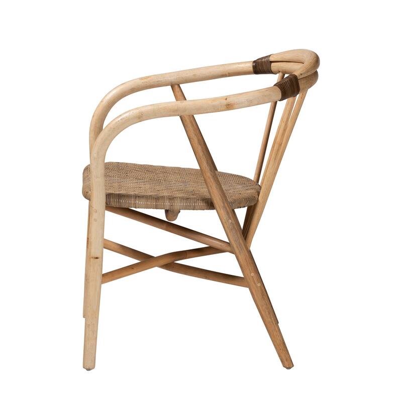 Rattan Dining Chair - Natural Brown Armrest Accent Chair - Boho Style Furniture for Kitchen or Dining Room