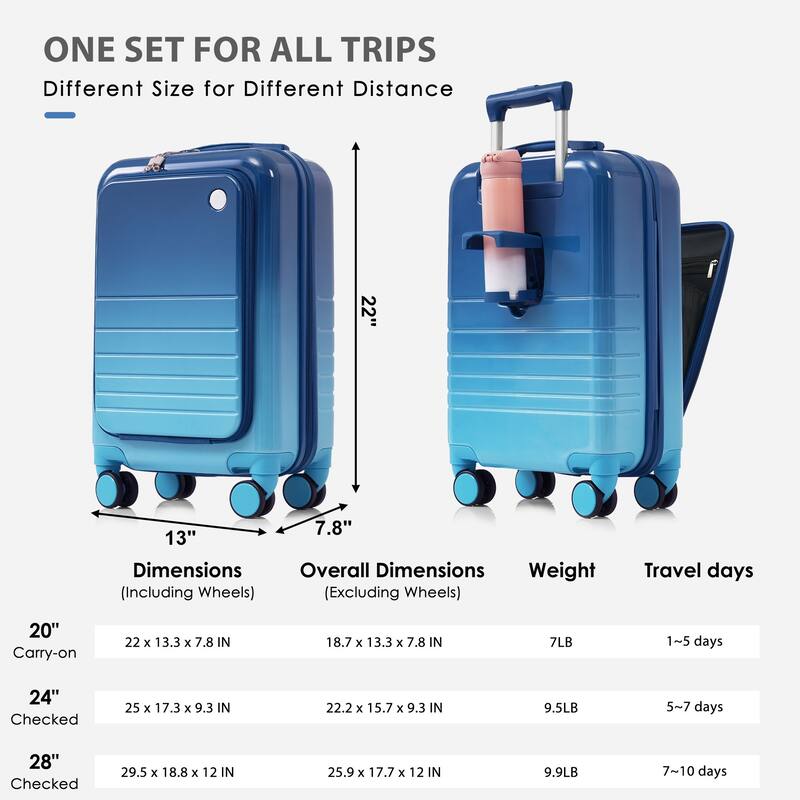 3-Piece Luggage Set with USB Port, Front Opening 20", 24", 28" Suitcases, Airline Approved, Spinner Wheels, ABS+PC Hard Shell