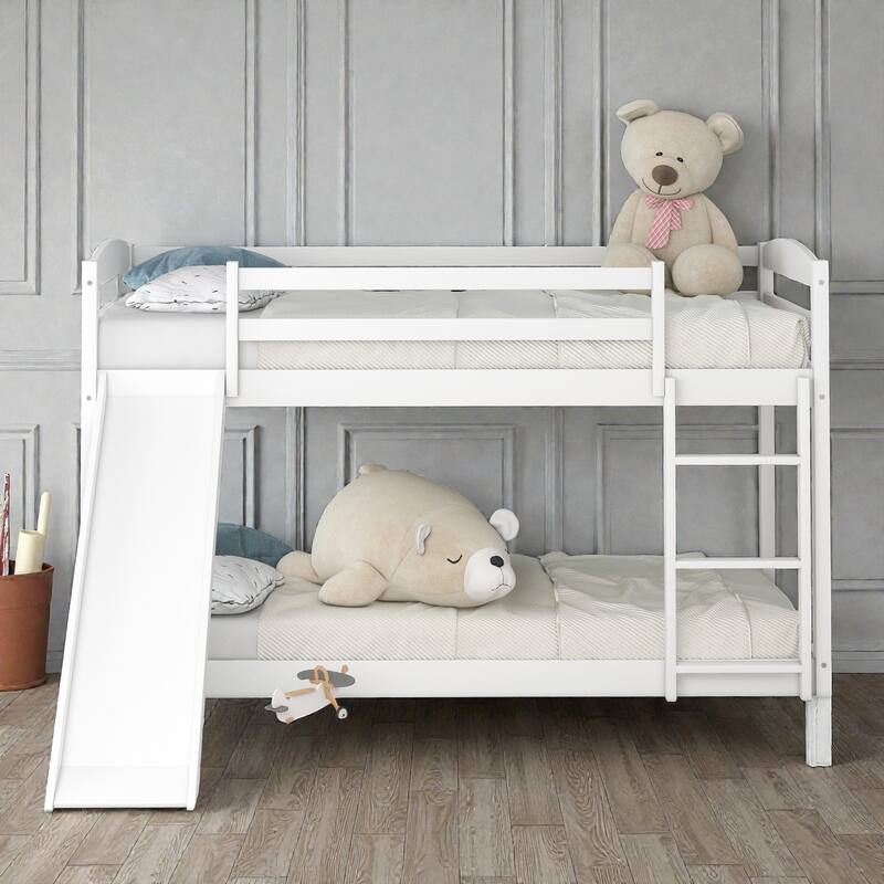 Twin over Twin Wooden Bunk Bed with Slide and Ladder, Convertible Design, Low Bunk Frame for Kids, Solid Pine & MDF - White - Twin