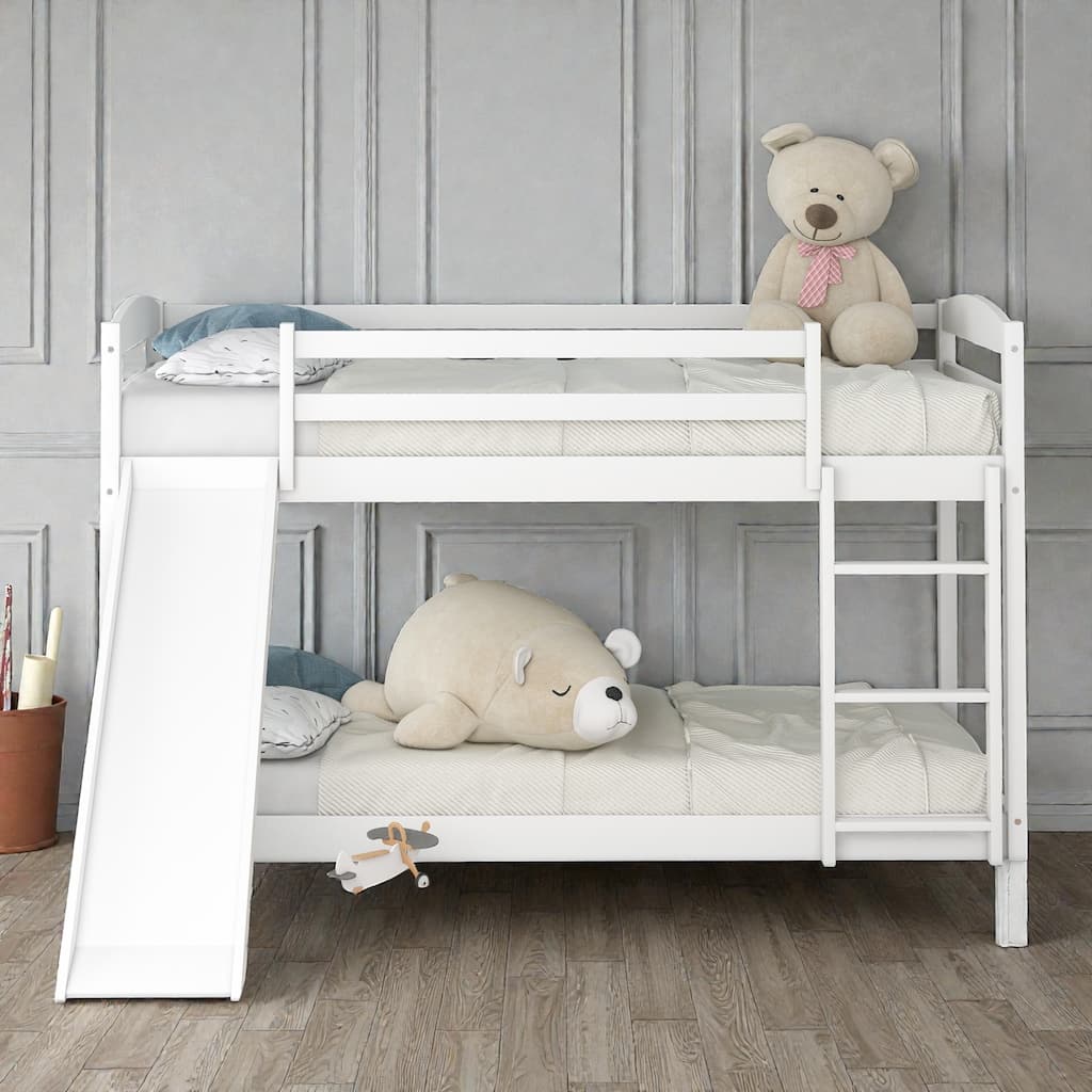 Twin over Twin Wooden Bunk Bed with Slide and Ladder, Convertible Design, Low Bunk Frame for Kids, Solid Pine & MDF