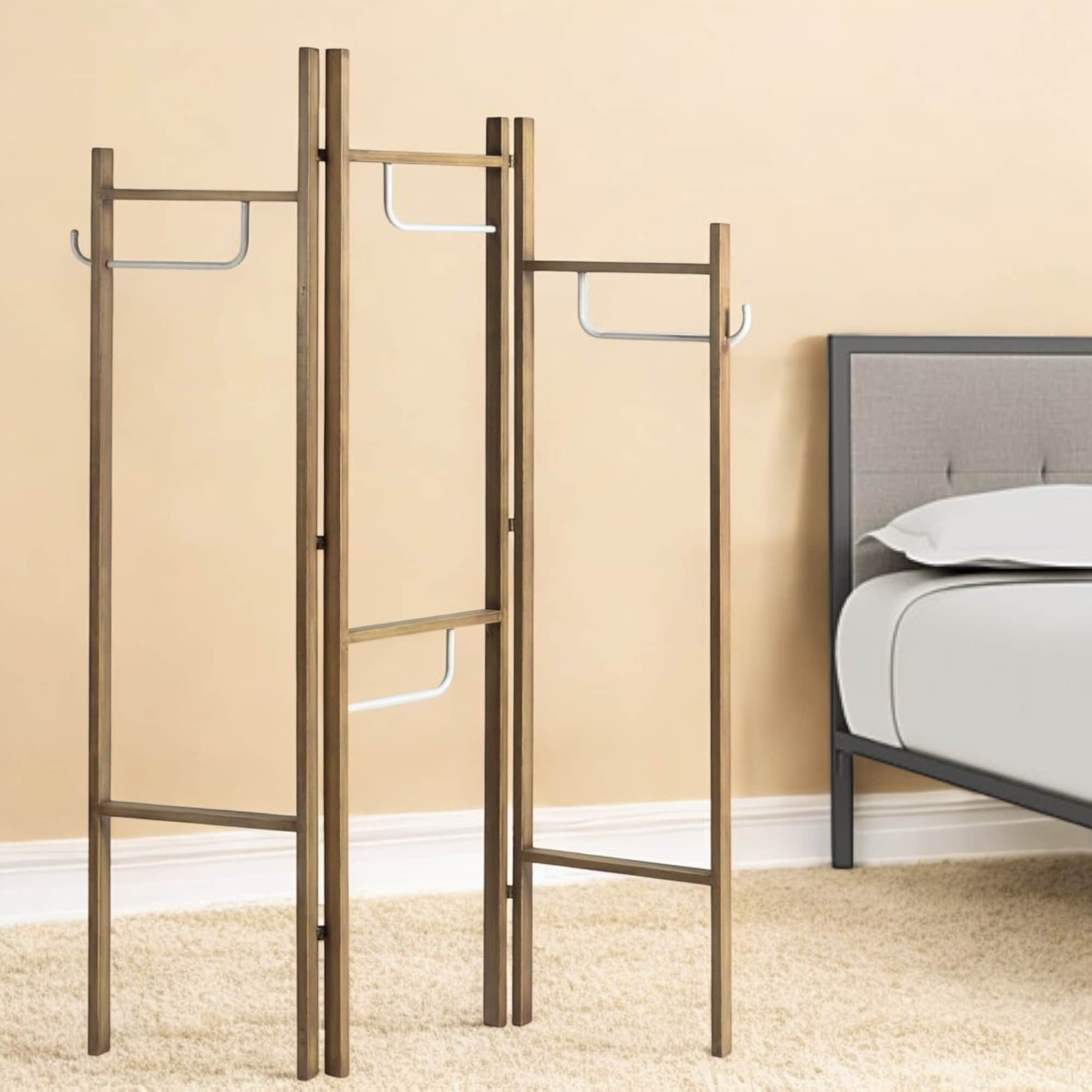 HomeRoots 72" Brown Iron Folding Three Panel Screen Room Divider - 52' X '72' X '1