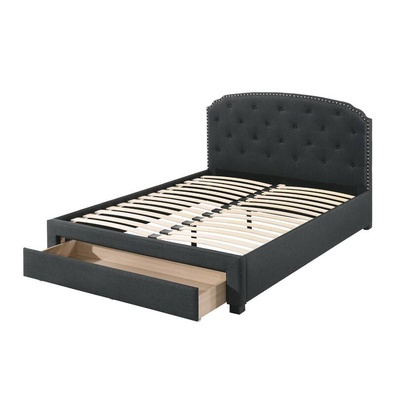 Mry King Size Bed, Charcoal Gray Upholstery, Footboard Storage Drawer